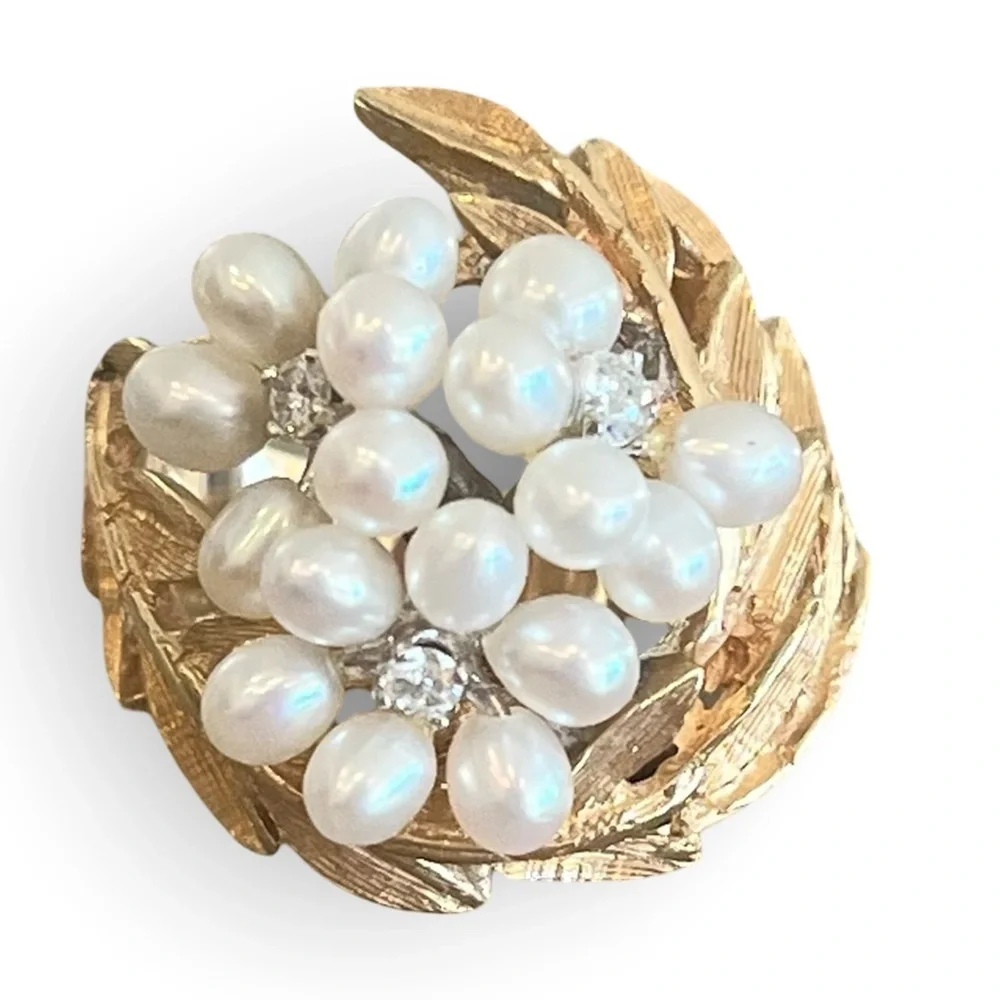 Mid-Century 14 K Solid Gold Seed Pearl Diamond Laurel Wreath Ring Size 6.5